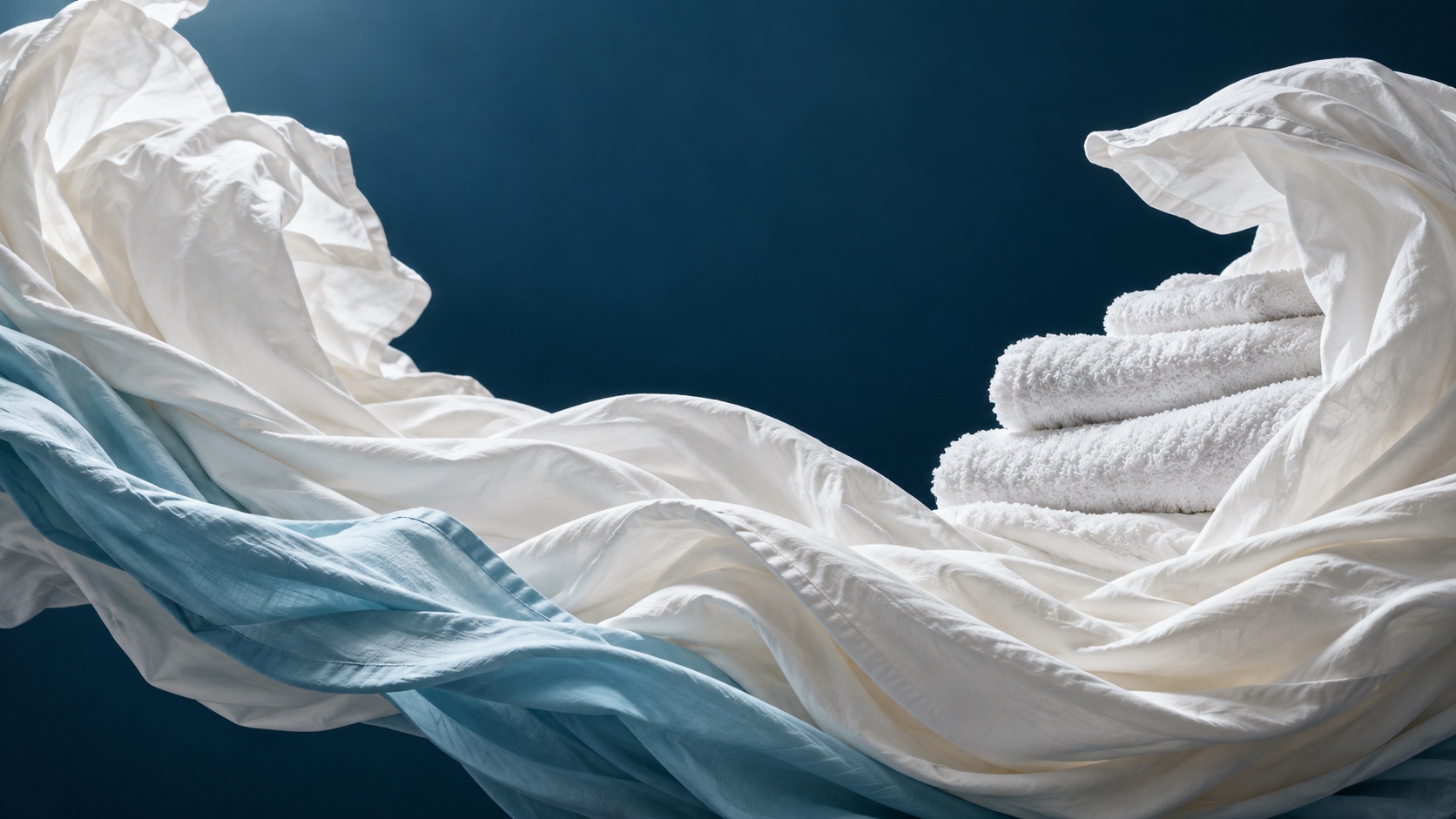 Illustrative cotton sheets and towels sweeping across a blue studio background